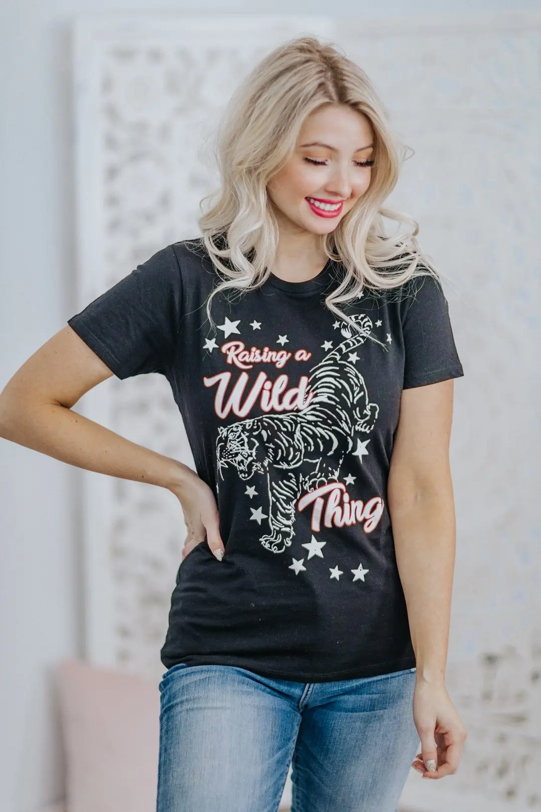 'Raising A Wild Thing' Graphic Tiger Short Sleeve Tee In Black 1