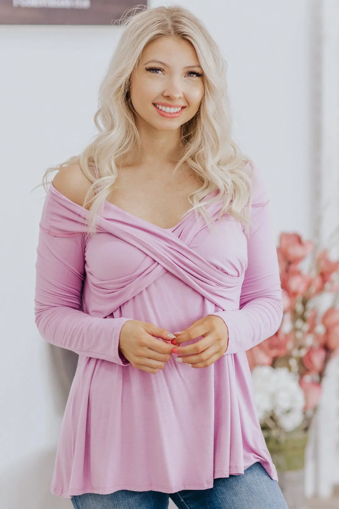 Picking Yourself Up Cold Shoulder Long Sleeve Top In Lavender 1