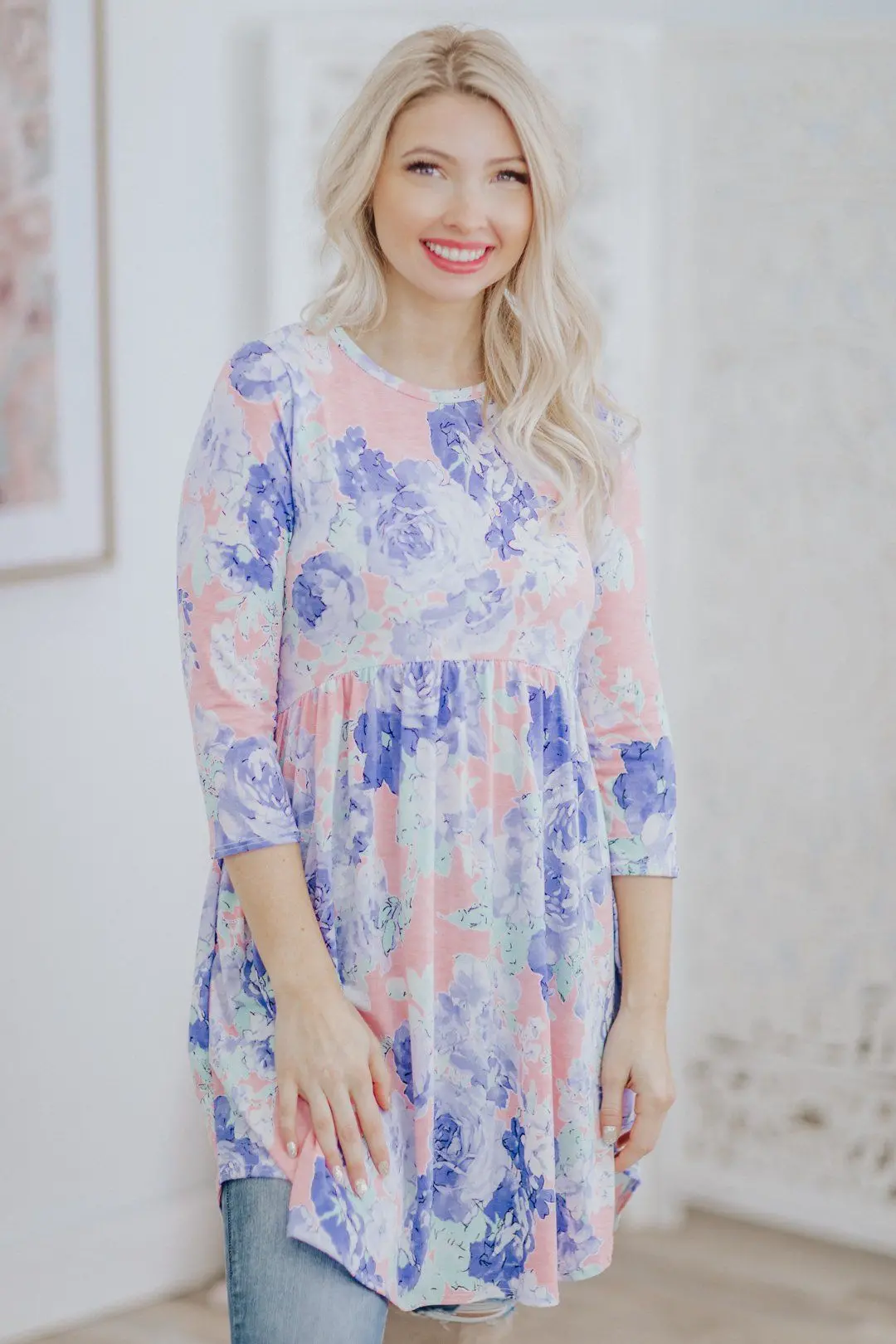 Ruler Of The Garden Floral 3/4 Sleeve Baby Doll Mini Dress In Light Pink 1