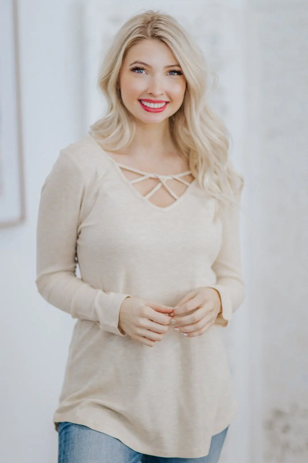 Never Stop Looking Waffle Strap Neckline Long Sleeve Top In Oatmeal 1