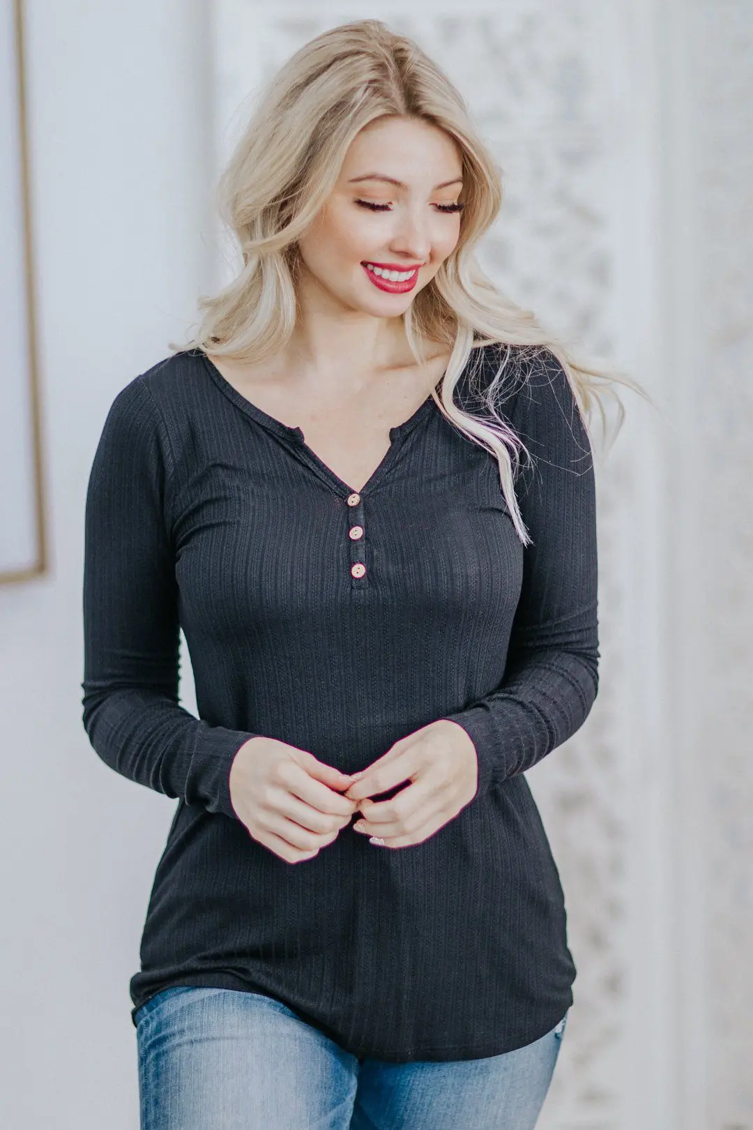Caught In The Feeling Ribbed Button Detail Long Sleeve Top In Black 1