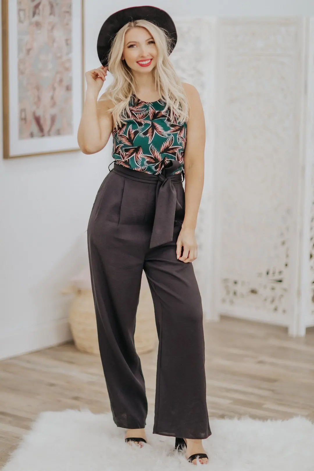 Could Be The One Fern Print Halter Top Sleeveless Jumpsuit In Hunter Green 1
